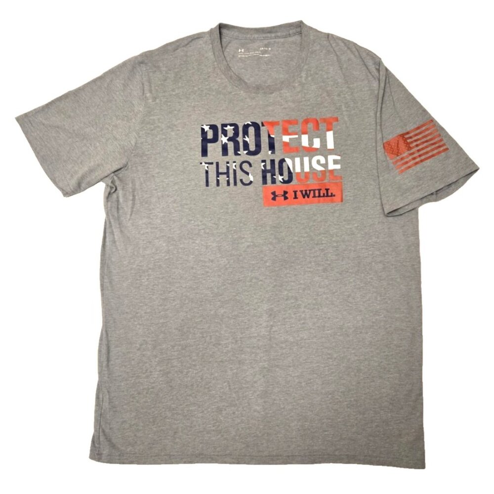 Men's UNDER ARMOUR "Protect This House - I Will" Gray Heat Gear T-shirt. Sz. L.